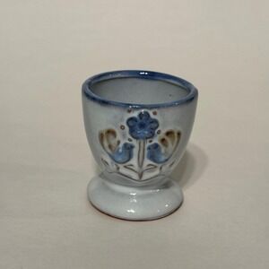 Vintage Studio Pottery Ceramic Egg Cup Blue Birds Flower Folk Art Grey Blue